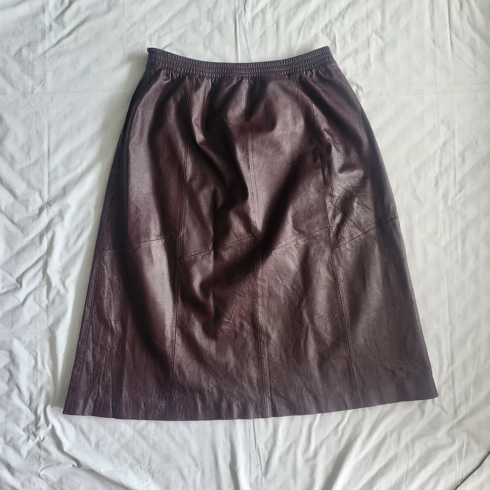 Brown Genuine Leather Skirt Womens Size 20 Vintage Midi Pockets Red - Picture 7 of 10